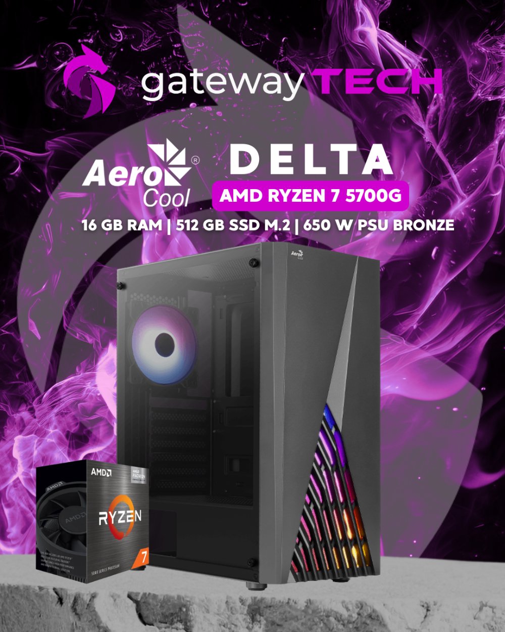 PC Aerocool Delta | Ryzen 7 5700G | 16GB RAM | 512GB SSD | 650W PSU Bronze